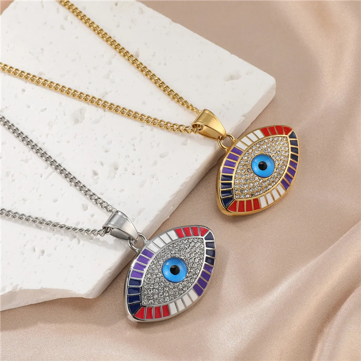 Retro Devil's Eye Stainless Steel Inlay Zircon Pendant Necklace