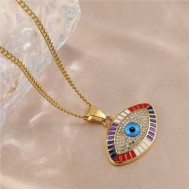 Retro Devil's Eye Stainless Steel Inlay Zircon Pendant Necklace