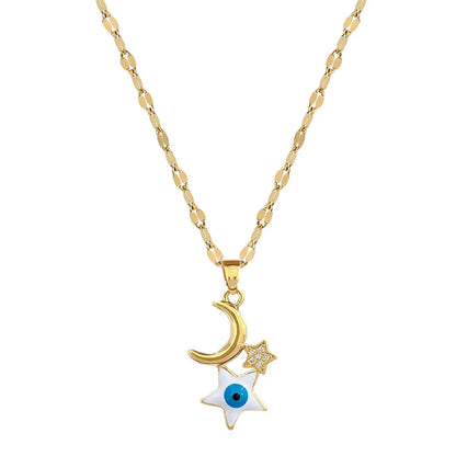 Wholesale Retro Devil'S Eye Star Moon Titanium Steel Copper Inlay Zircon Pendant Necklace