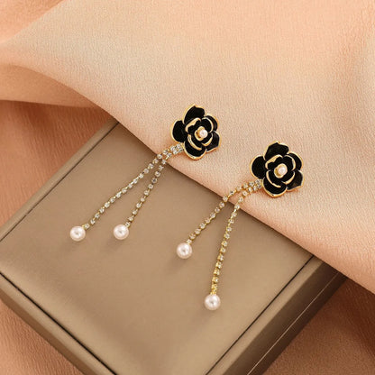 Retro Diamond Black Camellia Earrings Fashion Alloy Earrings