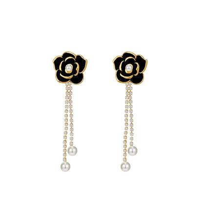 Retro Diamond Black Camellia Earrings Fashion Alloy Earrings