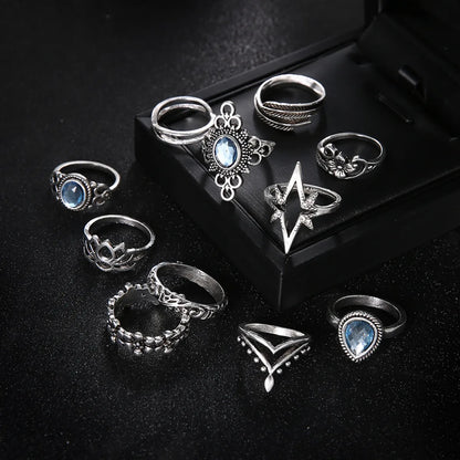 Retro Diamond Engraved Starry Sky Gemstone Lotus Starlight Feather Ring 11-piece Set