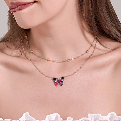 Retro Double Bead Butterfly Pendant Necklace Fashion Dream Color Butterfly Clavicle Chain Women