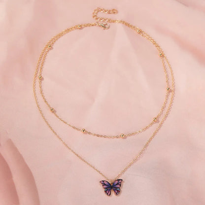 Retro Double Bead Butterfly Pendant Necklace Fashion Dream Color Butterfly Clavicle Chain Women