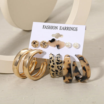 Retro Earrings Set 6 Pairs Of Creative Leopard Print C-shaped Earrings Wholesale