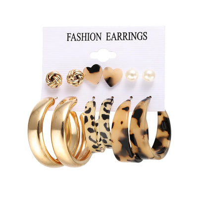 Retro Earrings Set 6 Pairs Of Creative Leopard Print C-shaped Earrings Wholesale