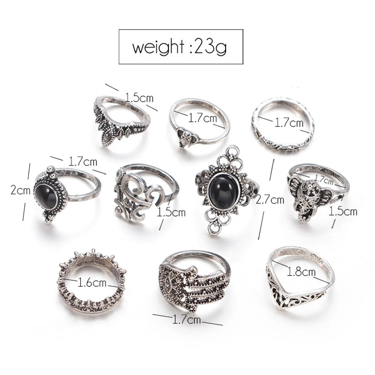 Retro Elephant Palm Water Drop Ring Ten-piece Set