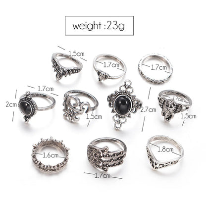 Retro Elephant Palm Water Drop Ring Ten-piece Set