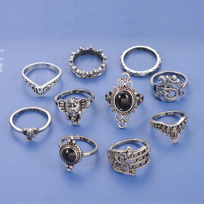 Retro Elephant Palm Water Drop Ring Ten-piece Set