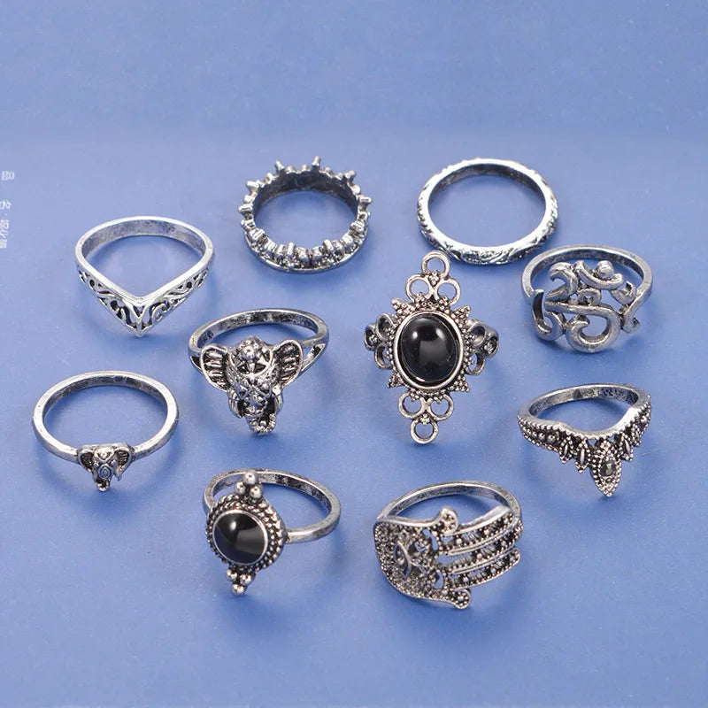 Retro Elephant Palm Water Drop Ring Ten-Piece Set