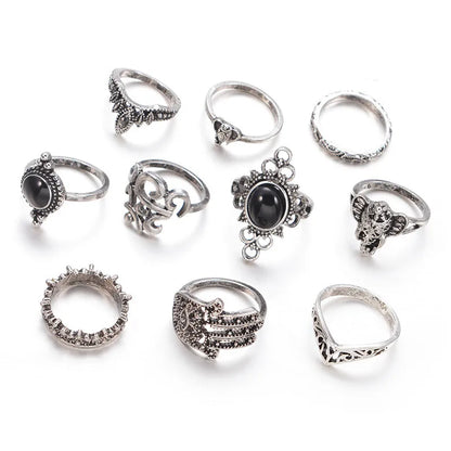 Retro Elephant Palm Water Drop Ring Ten-Piece Set