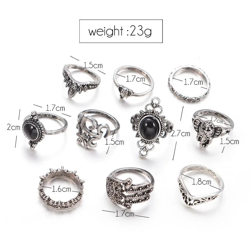 Retro Elephant Palm Water Drop Ring Ten-Piece Set