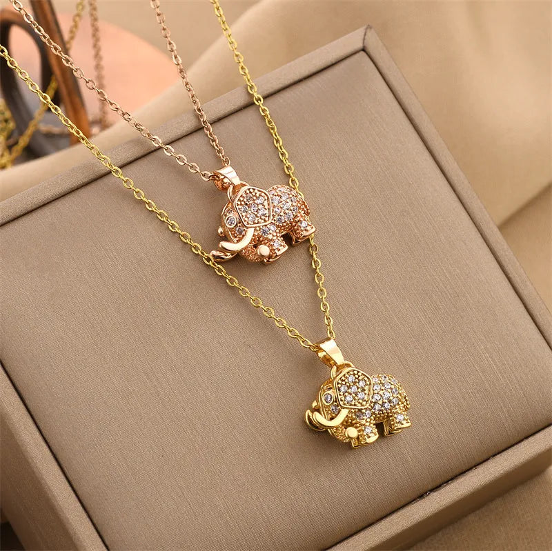 Retro Elephant Titanium Steel Rhinestone Necklace