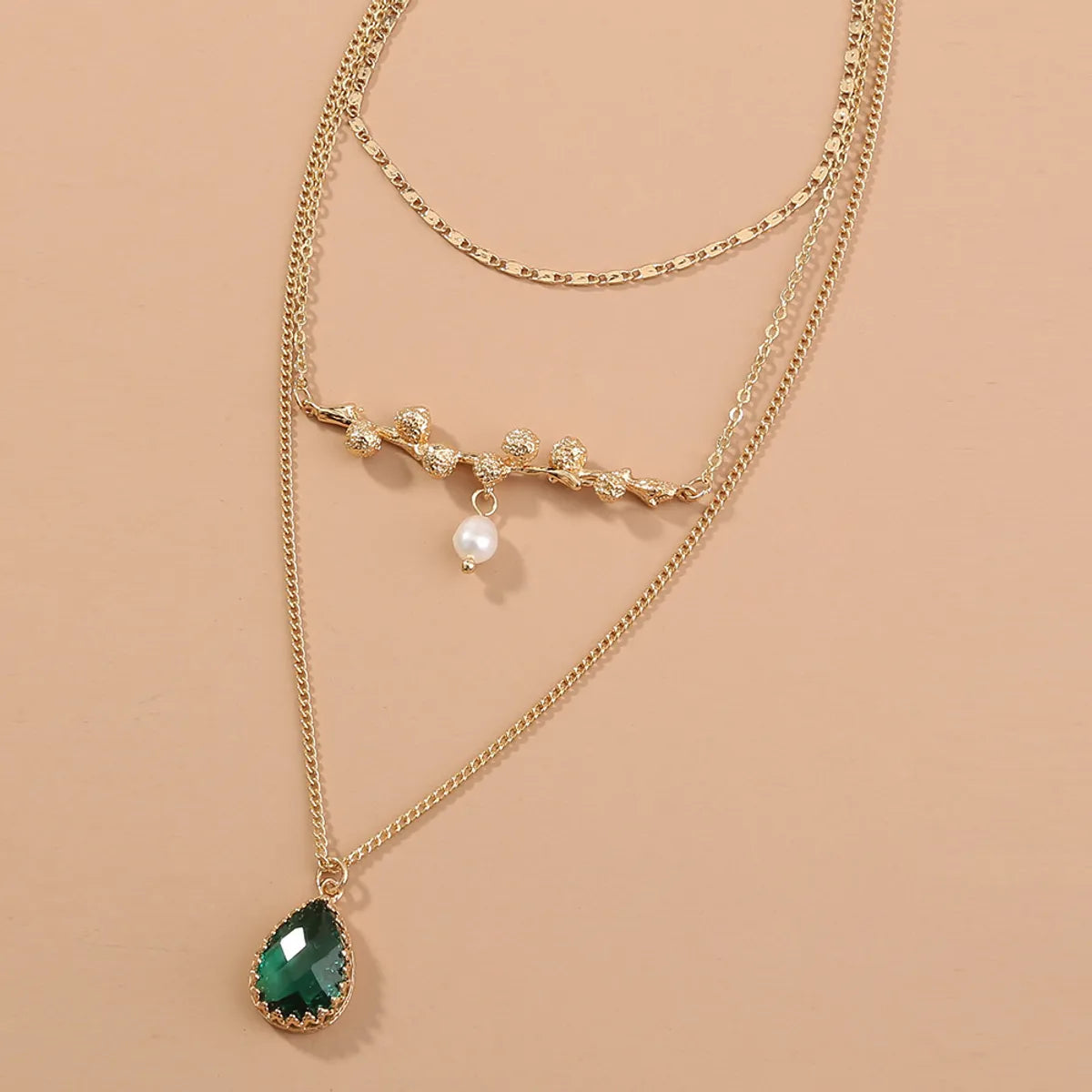 Retro Emerald Drop Pendant Geometric Multi-Layer Necklace