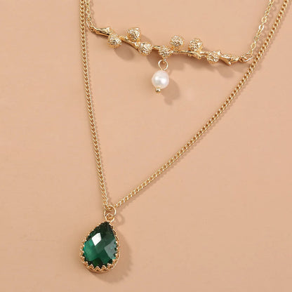 Retro Emerald Drop Pendant Geometric Multi-Layer Necklace