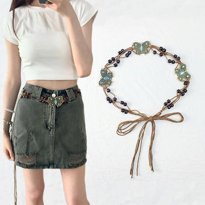 Retro Ethnic Style Bohemian Bow Knot Alloy Cotton And Linen Wax Rope Beaded Women'S Chain Belts