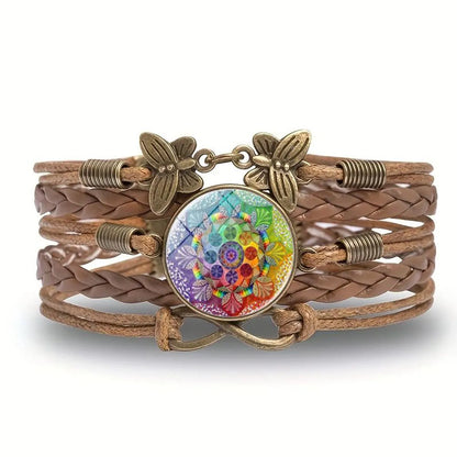 Retro Ethnic Style Bohemian Infinity Flower Butterfly Pu Leather Inlay Glass Women'S Bracelets