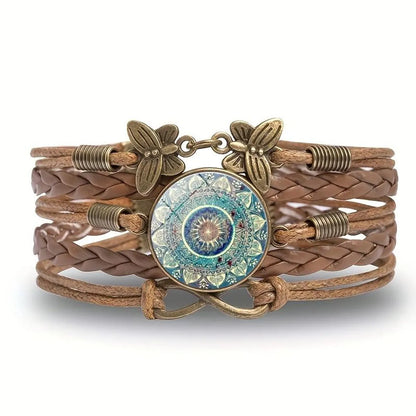 Retro Ethnic Style Bohemian Infinity Flower Butterfly Pu Leather Inlay Glass Women'S Bracelets