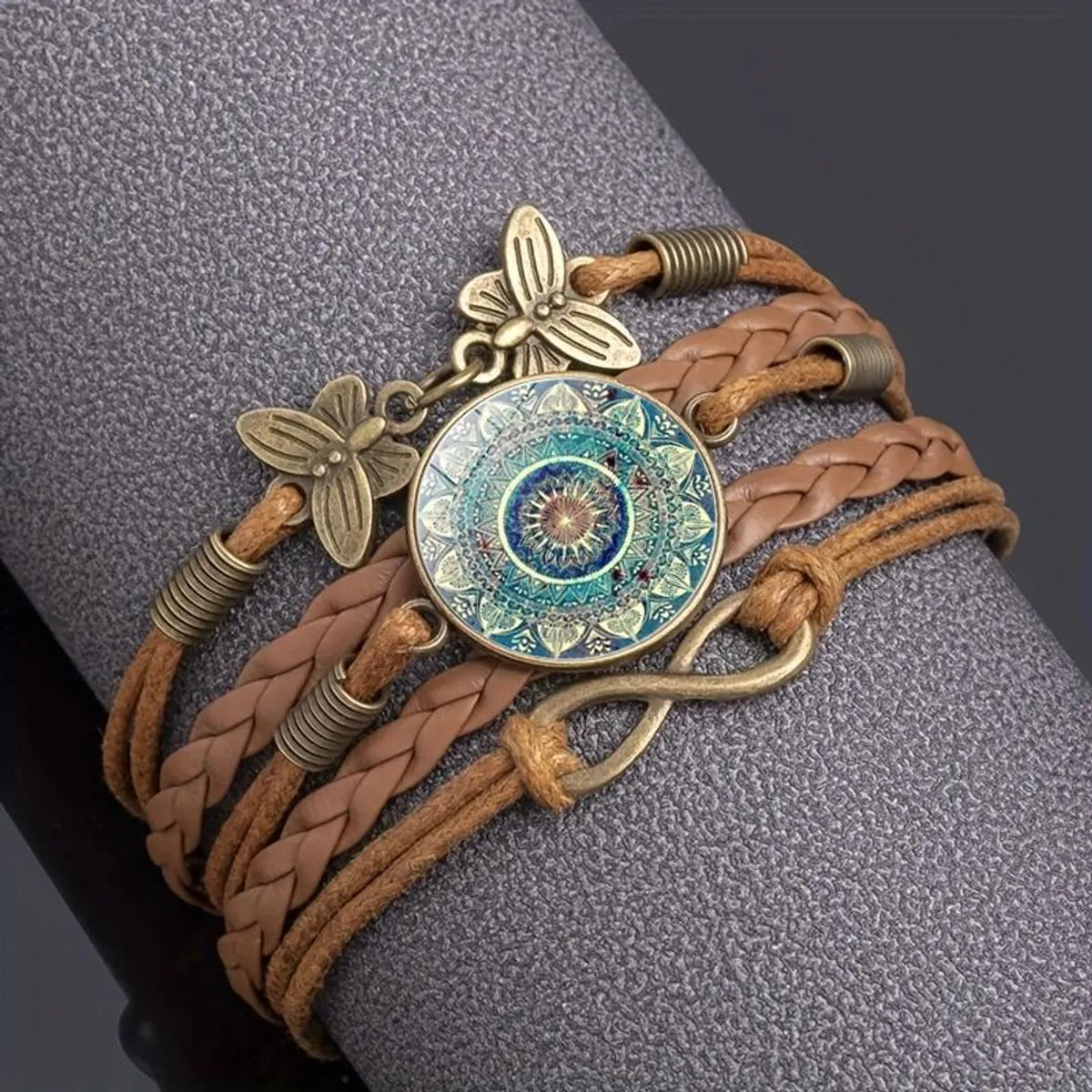 Retro Ethnic Style Bohemian Infinity Flower Butterfly Pu Leather Inlay Glass Women'S Bracelets