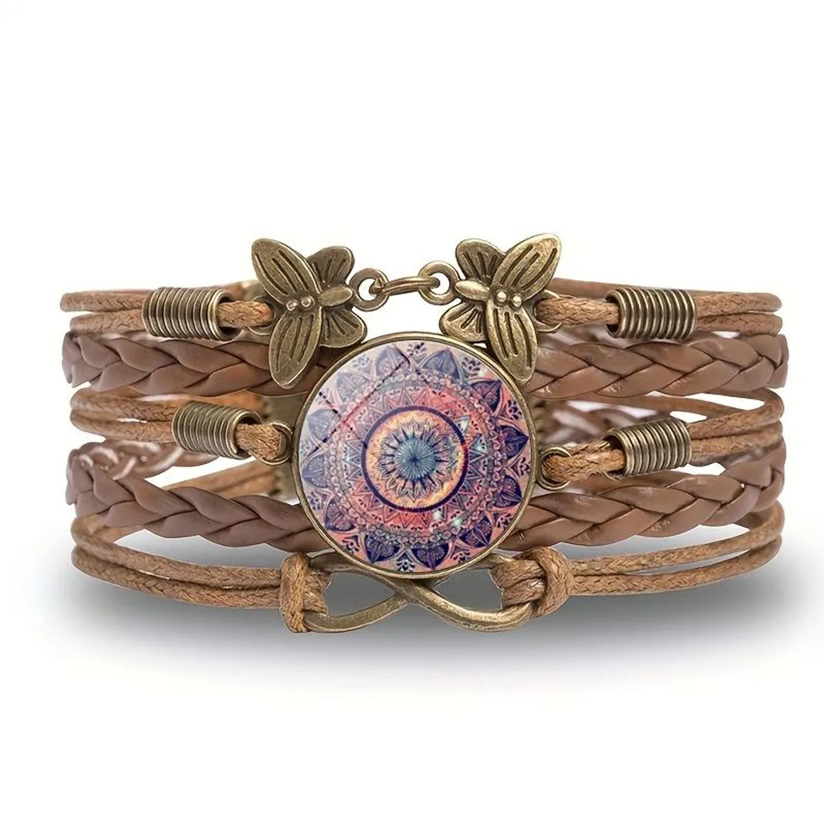 Retro Ethnic Style Bohemian Infinity Flower Butterfly Pu Leather Inlay Glass Women'S Bracelets