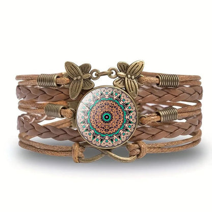 Retro Ethnic Style Bohemian Infinity Flower Butterfly Pu Leather Inlay Glass Women'S Bracelets