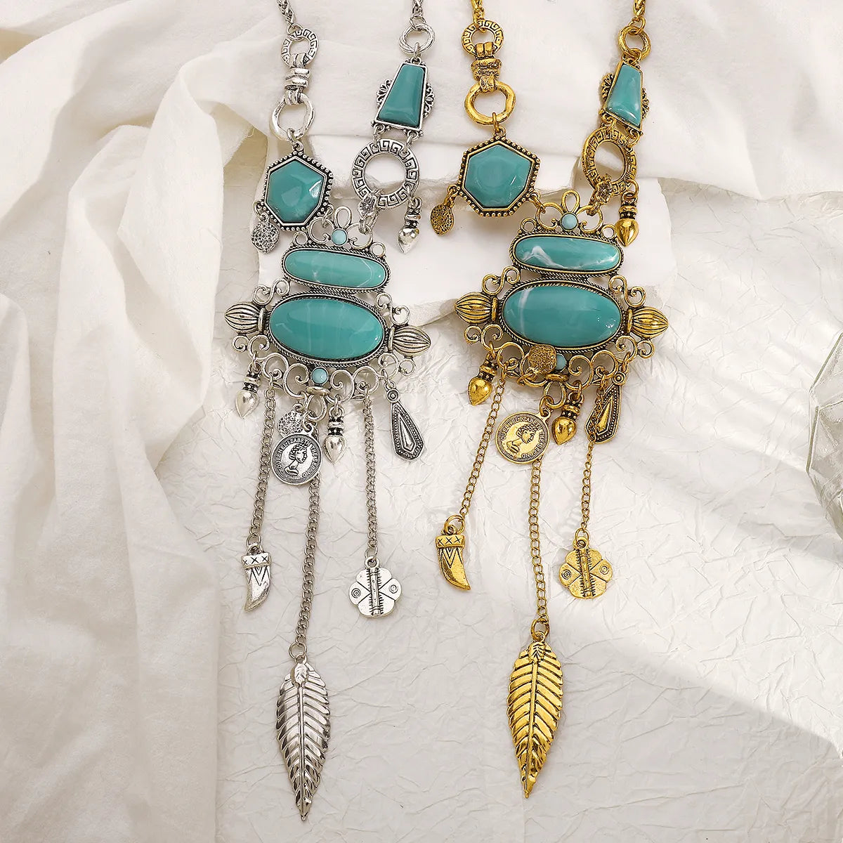 Retro Ethnic Style Bohemian Tassel Alloy Turquoise Iron Sheet Wholesale Layered Necklaces