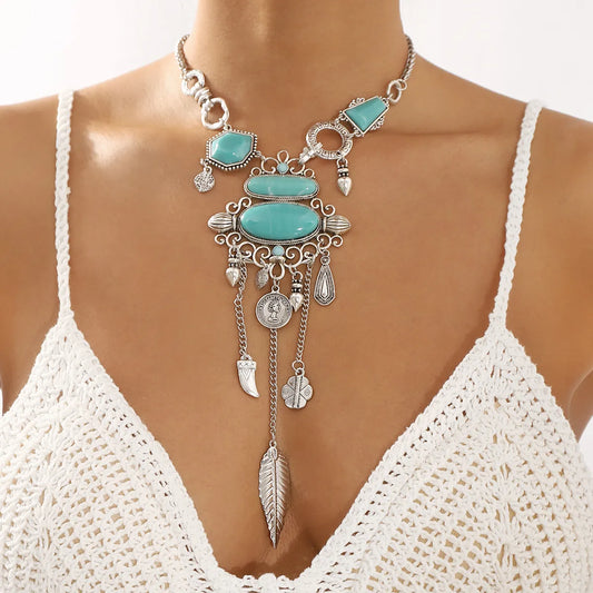 Retro Ethnic Style Bohemian Tassel Alloy Turquoise Iron Sheet Wholesale Layered Necklaces