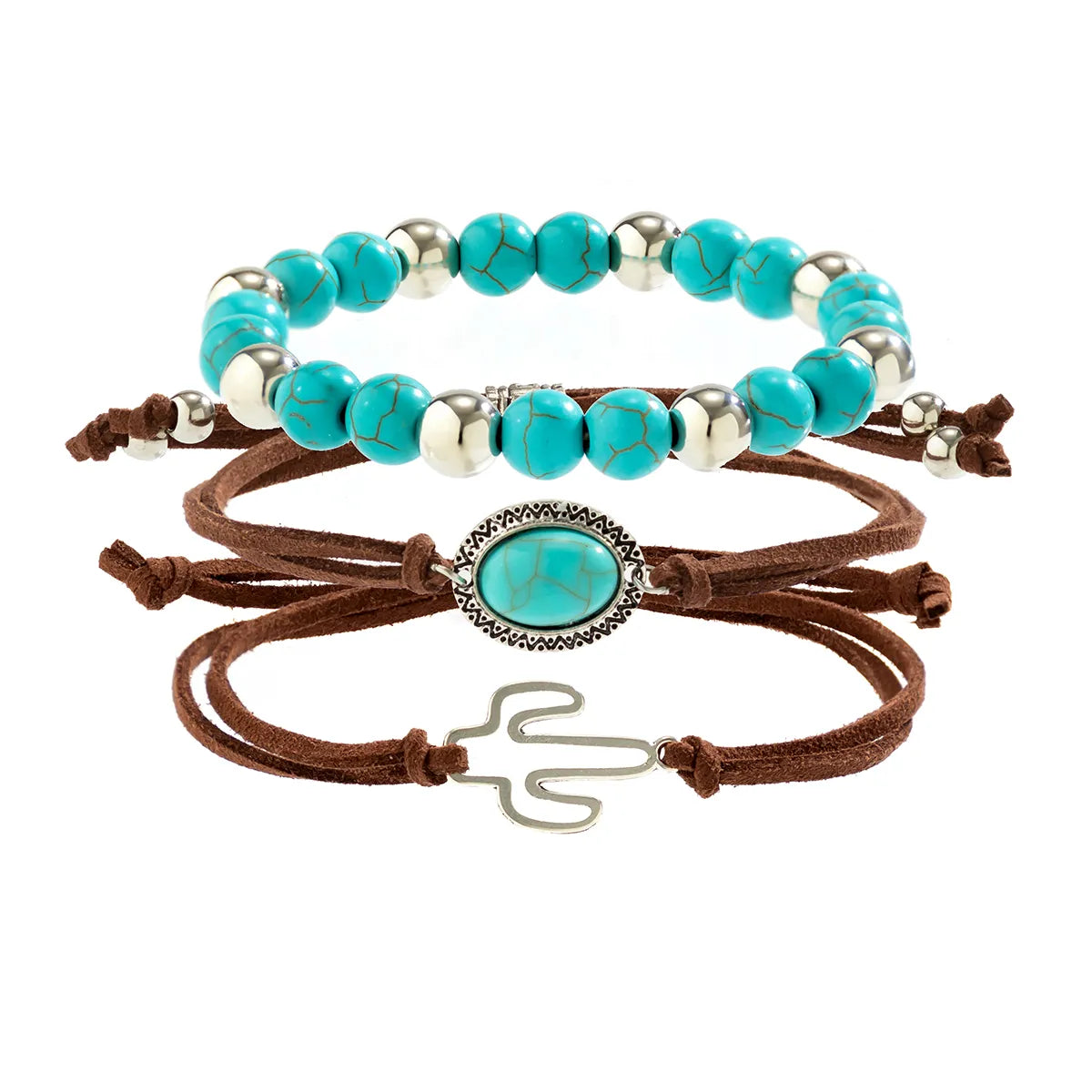 Retro Ethnic Style Classic Style Cactus Round Alloy Turquoise Korean Velvet Wholesale Bracelets