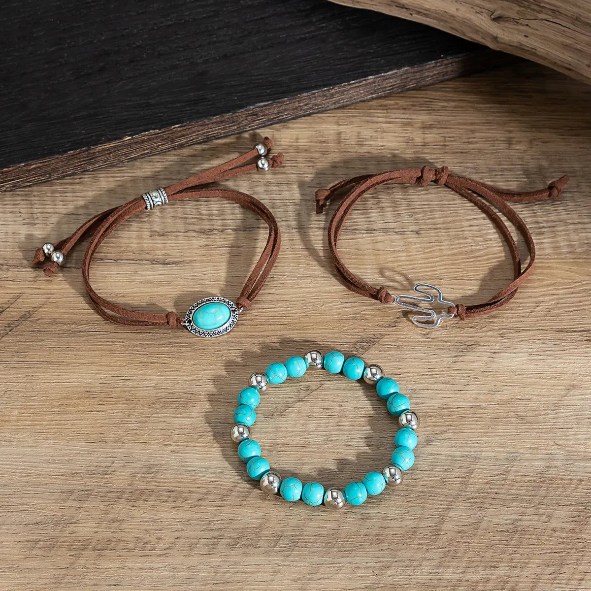 Retro Ethnic Style Classic Style Cactus Round Alloy Turquoise Korean Velvet Wholesale Bracelets