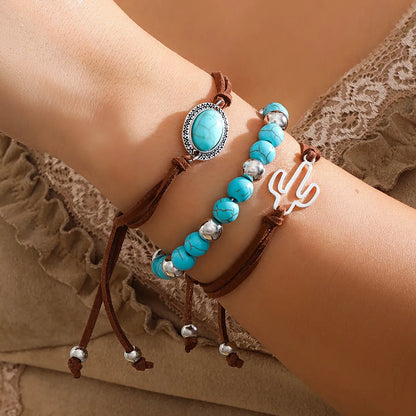 Retro Ethnic Style Classic Style Cactus Round Alloy Turquoise Korean Velvet Wholesale Bracelets