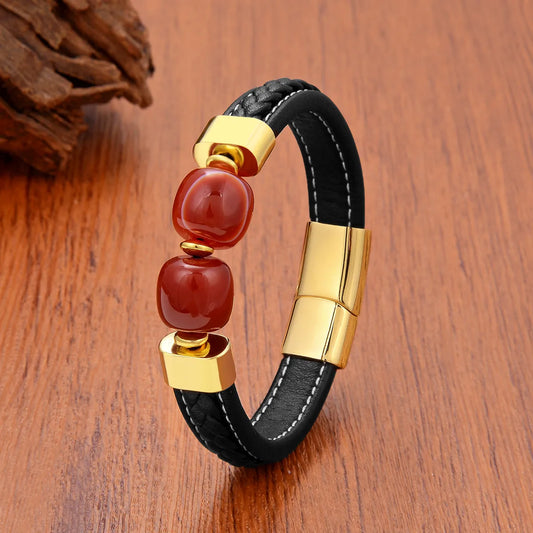 Retro Ethnic Style Classic Style Round Leather Rope Stone Metal Wholesale Bracelets