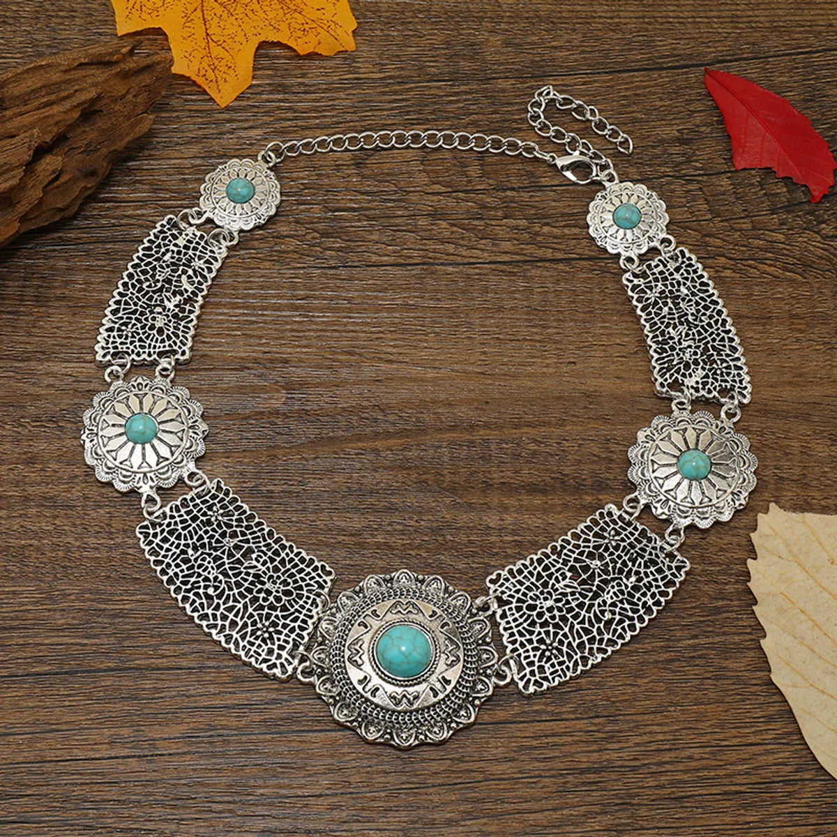 Retro Ethnic Style Flower Alloy Plating Inlay Turquoise Women's Necklace