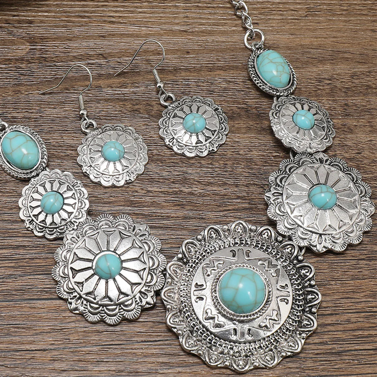 Retro Ethnic Style Geometric Alloy Plating Inlay Turquoise Women'S Earrings Necklace