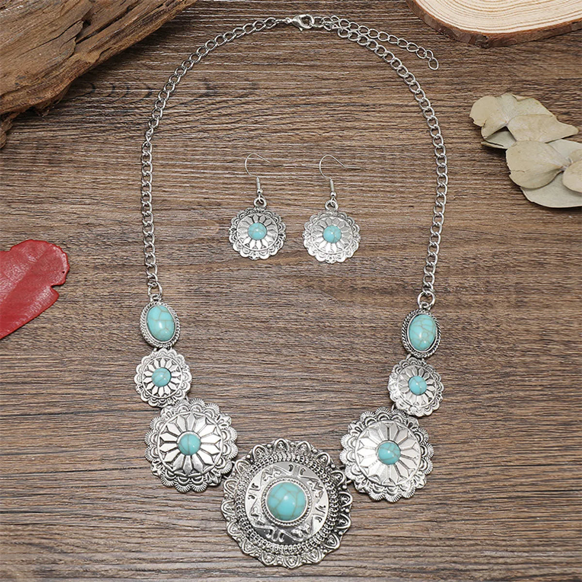 Retro Ethnic Style Geometric Alloy Plating Inlay Turquoise Women'S Earrings Necklace