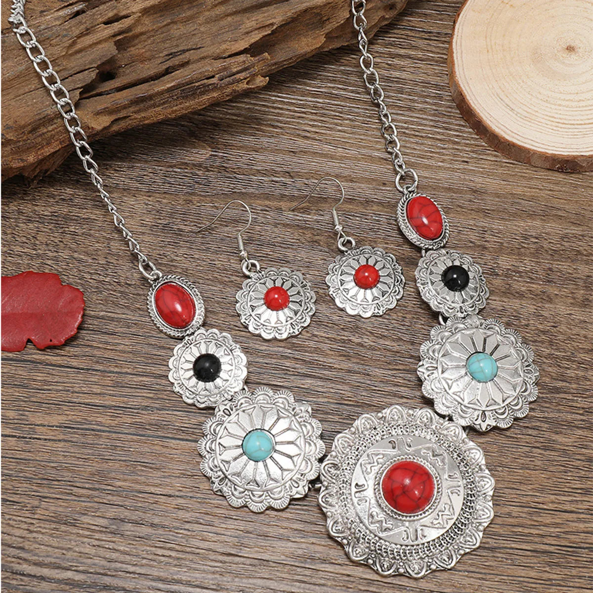 Retro Ethnic Style Geometric Alloy Plating Inlay Turquoise Women'S Earrings Necklace