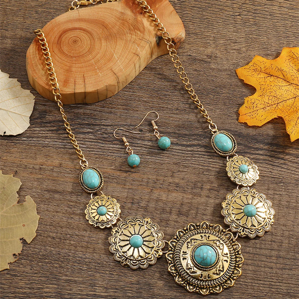 Retro Ethnic Style Geometric Alloy Plating Inlay Turquoise Women'S Earrings Necklace