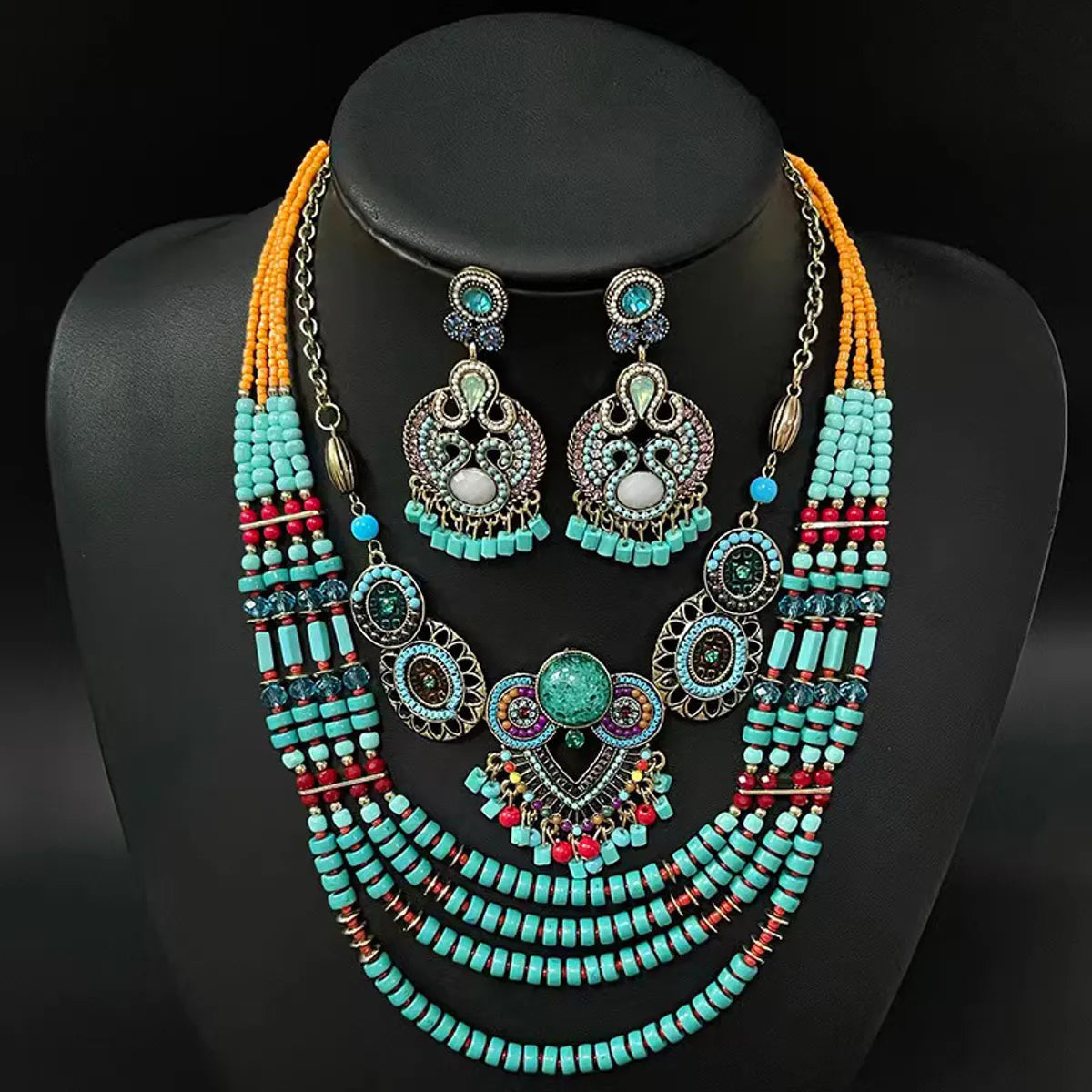 Retro Ethnic Style Geometric Alloy Seed Bead Inlay Glass Women's Earrings Necklace