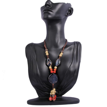 Retro Ethnic Style Geometric Ceramics Beaded Tassel Braid Women's Long Necklace