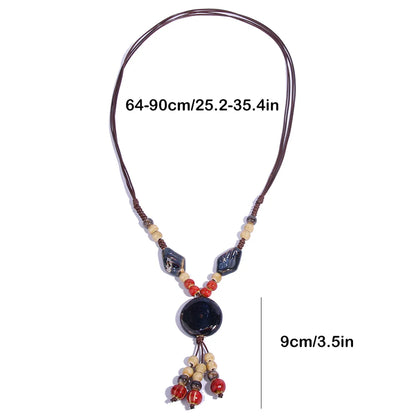 Retro Ethnic Style Geometric Ceramics Beaded Tassel Braid Women's Long Necklace