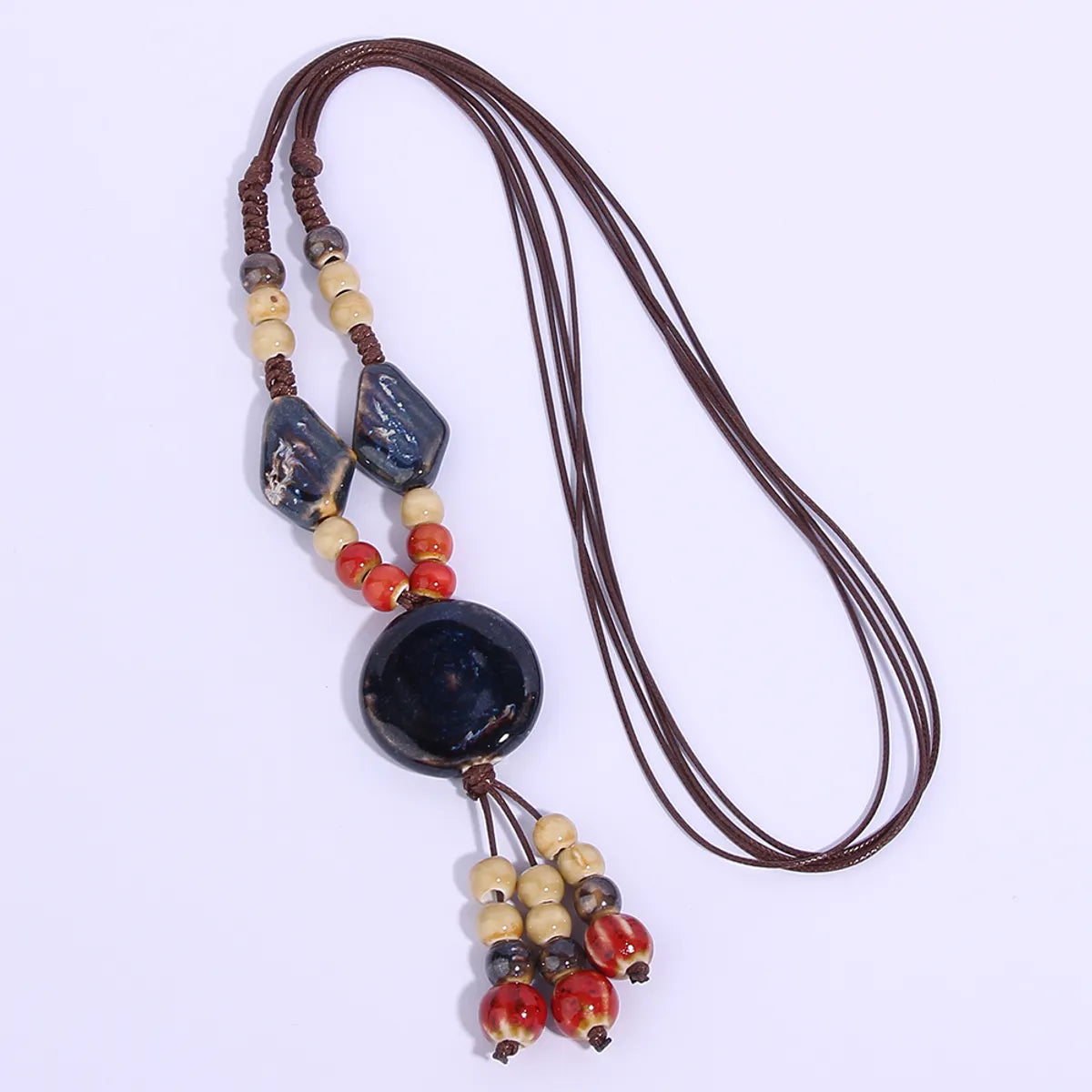 Retro Ethnic Style Geometric Ceramics Beaded Tassel Braid Women's Long Necklace