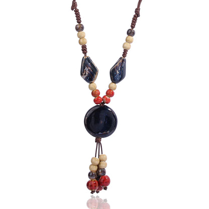 Retro Ethnic Style Geometric Ceramics Beaded Tassel Braid Women's Long Necklace