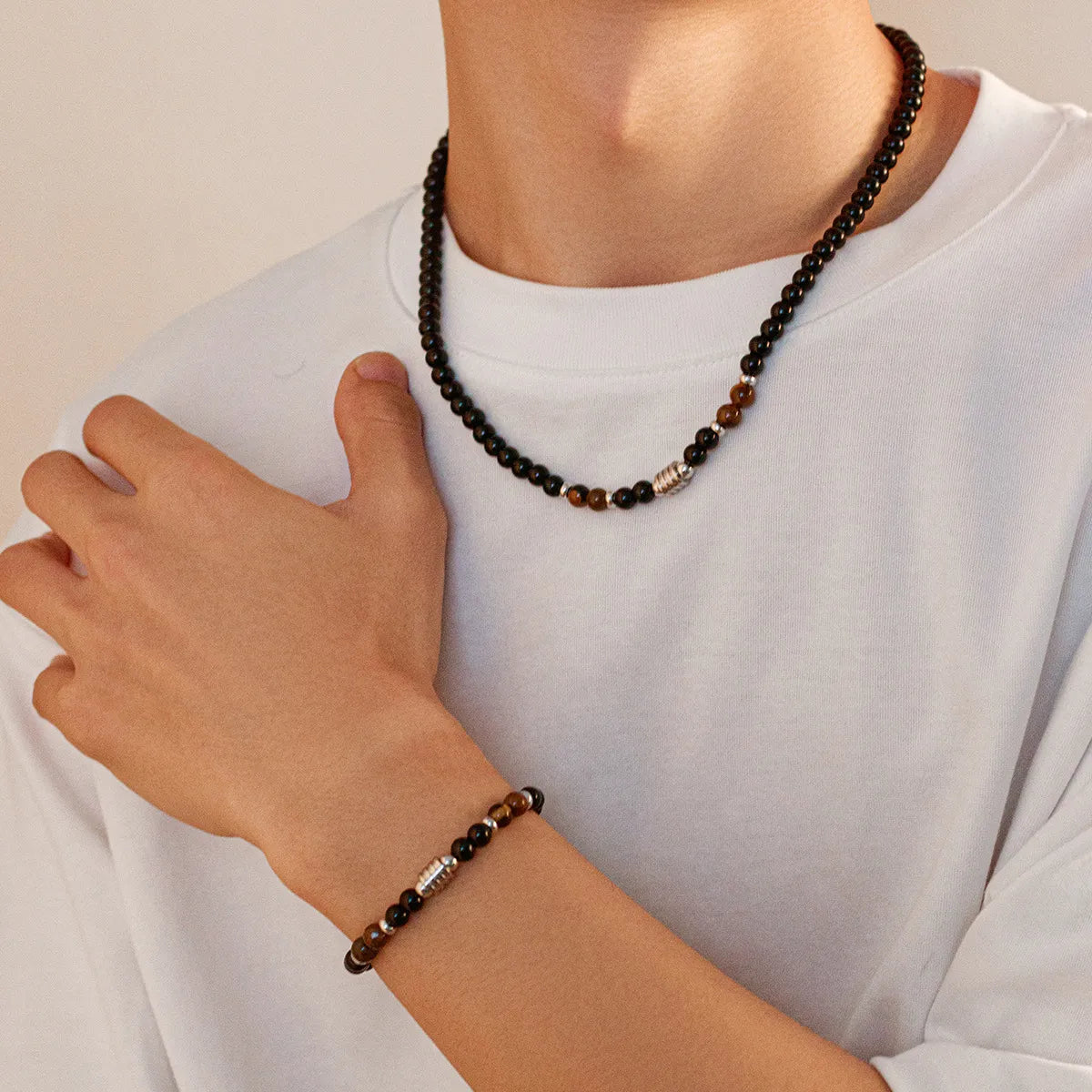 Retro Ethnic Style Geometric Glass Bead Stone Titanium Steel Beaded Men'S Bracelets Necklace