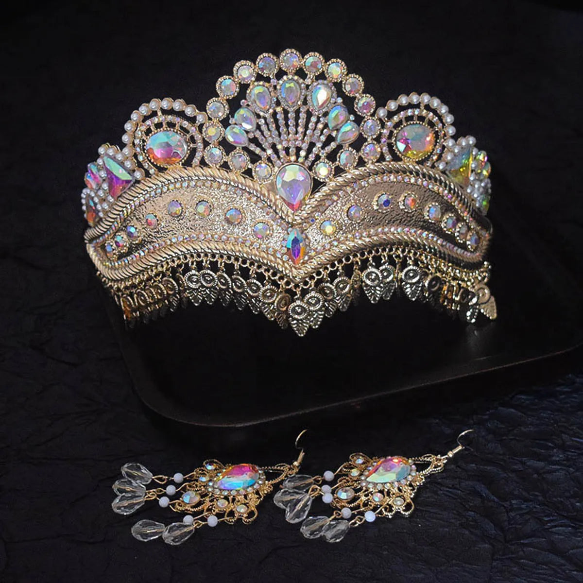 Retro Ethnic Style Gold Crown Hollow Bridal Head Accessories Earrings