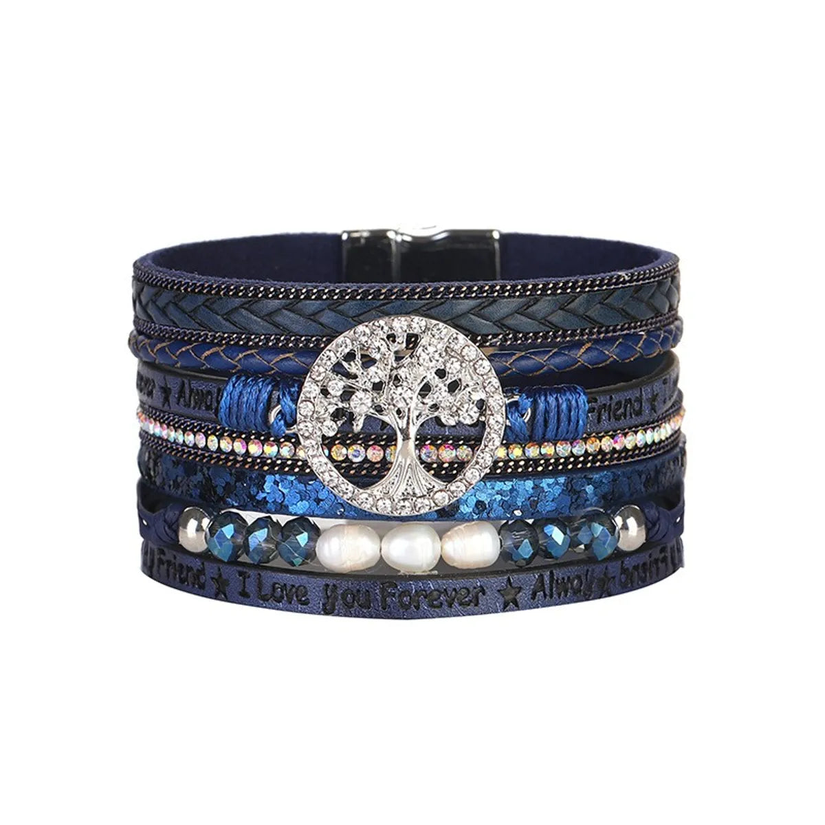 Retro Ethnic Style Life Tree Artificial Crystal Pu Leather Imitation Pearl Braid Women'S Bracelets