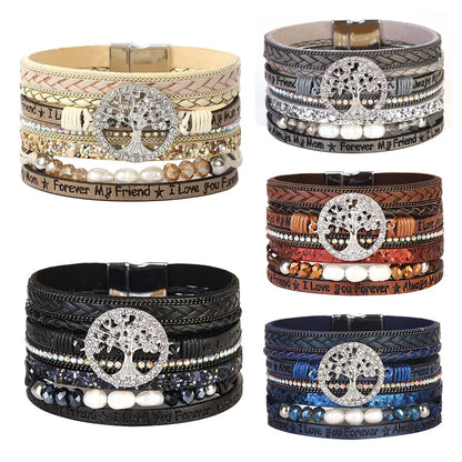 Retro Ethnic Style Life Tree Artificial Crystal Pu Leather Imitation Pearl Braid Women'S Bracelets