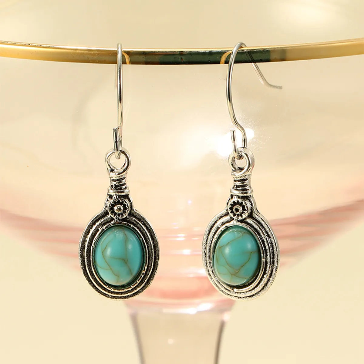 Retro Ethnic Style Oval Alloy Inlay Turquoise Women's Drop Earrings