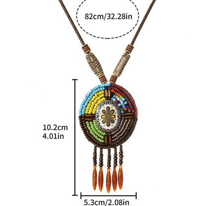 Retro Ethnic Style Oval Flower Arylic Pu Leather Seed Bead Wholesale Pendant Necklace