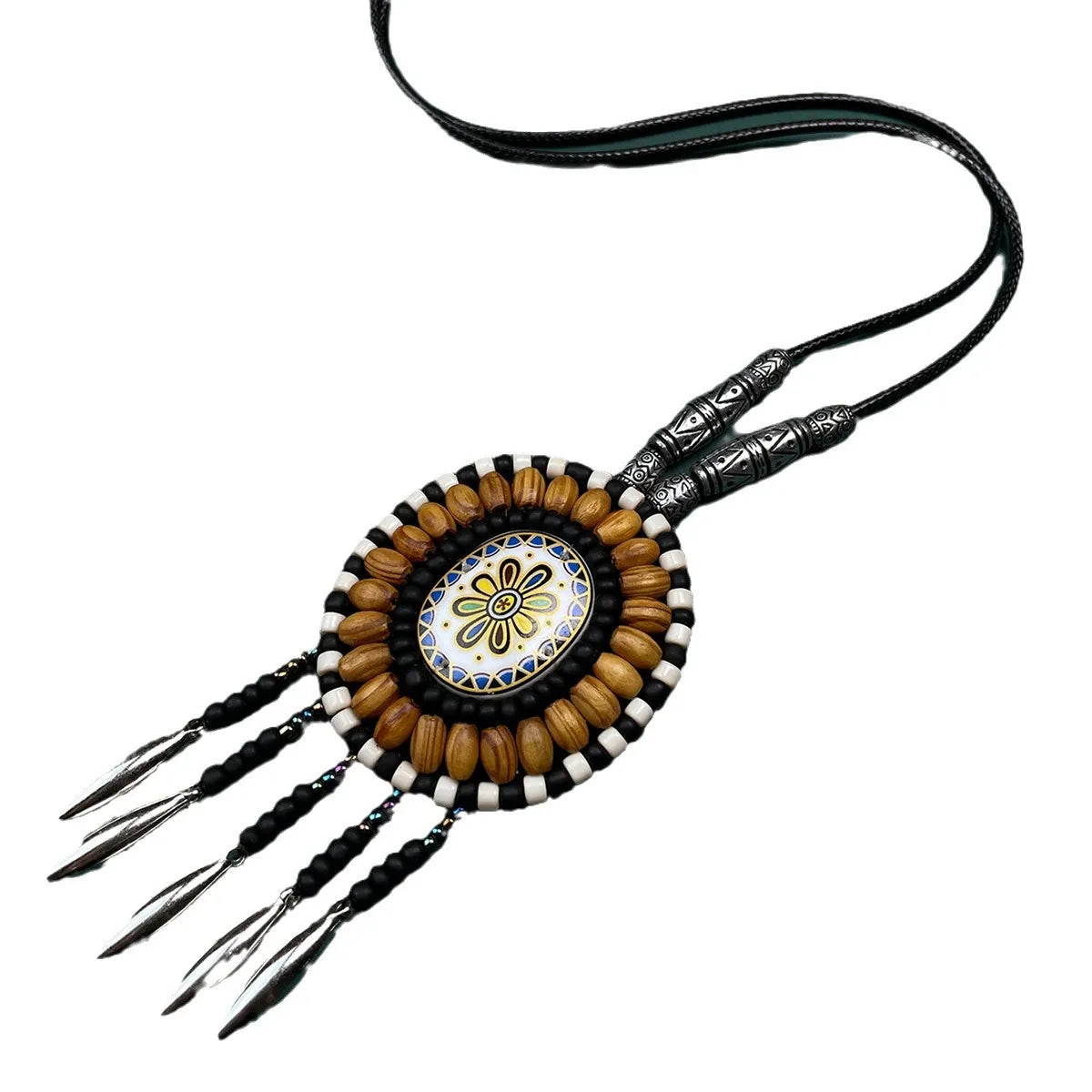 Retro Ethnic Style Oval Flower Arylic Pu Leather Seed Bead Wholesale Pendant Necklace