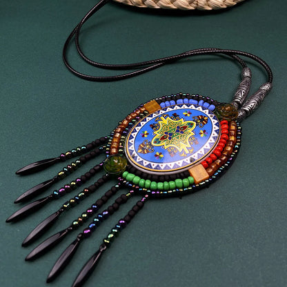 Retro Ethnic Style Oval Flower Arylic Pu Leather Seed Bead Wholesale Pendant Necklace