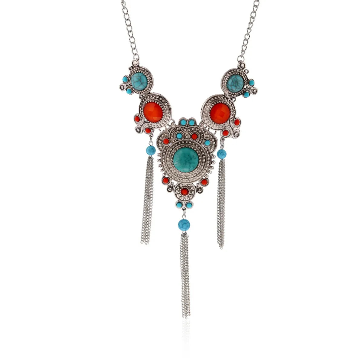 Retro Ethnic Style Round Alloy Tassel Inlay Gem Turquoise Women's Pendant Necklace Long Necklace